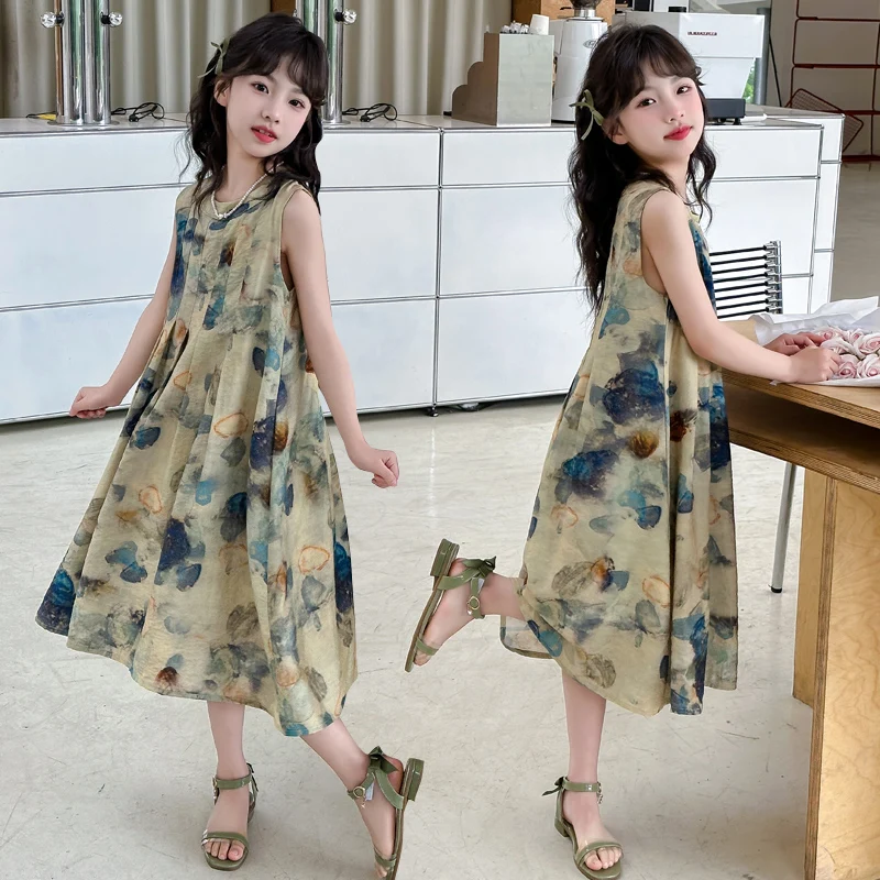 

Girls Summer Dress Fashion Children's Ink Painting Sleeveless Sundress Kids Princess Dress 2025 New