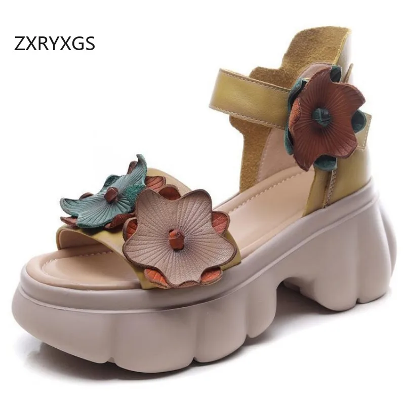 

ZXRYXGS Ethnic Style Premium Pu Flower Leather Sandals 2024 New Summer Open Toe Thick Soled Increase Shoes High Heel Sandals