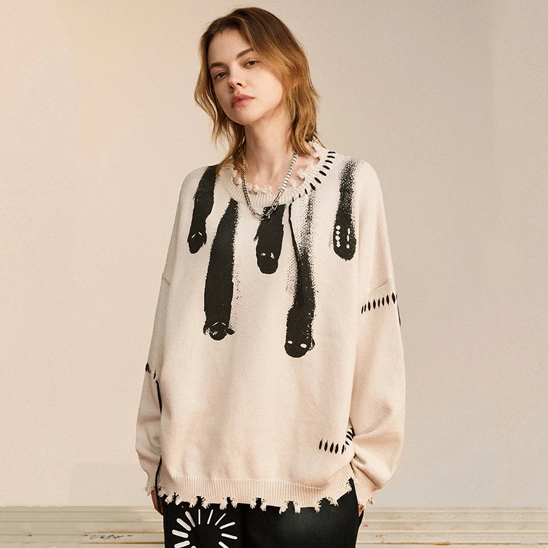 Autumn Oversize Disstressed Sweater Unisex Graphic Pattern Knitted Pullover Streetwear