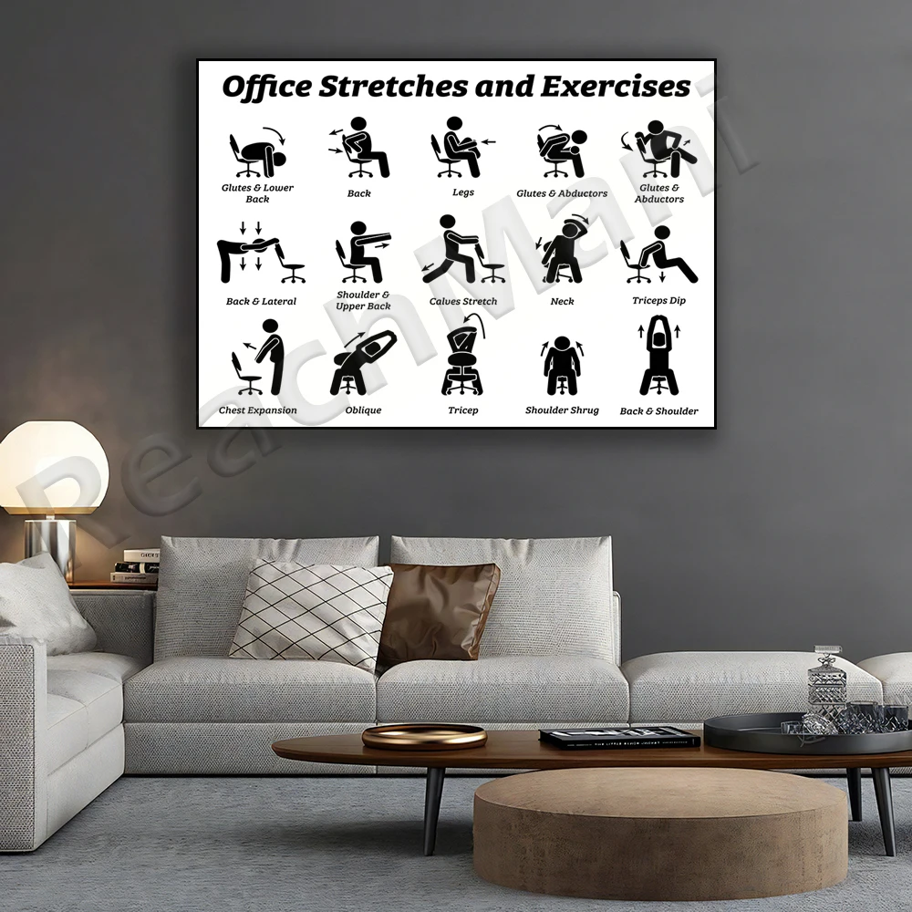 office stretching exercise relaxation technique posture chair muscle strain relief stress relief decoration poster