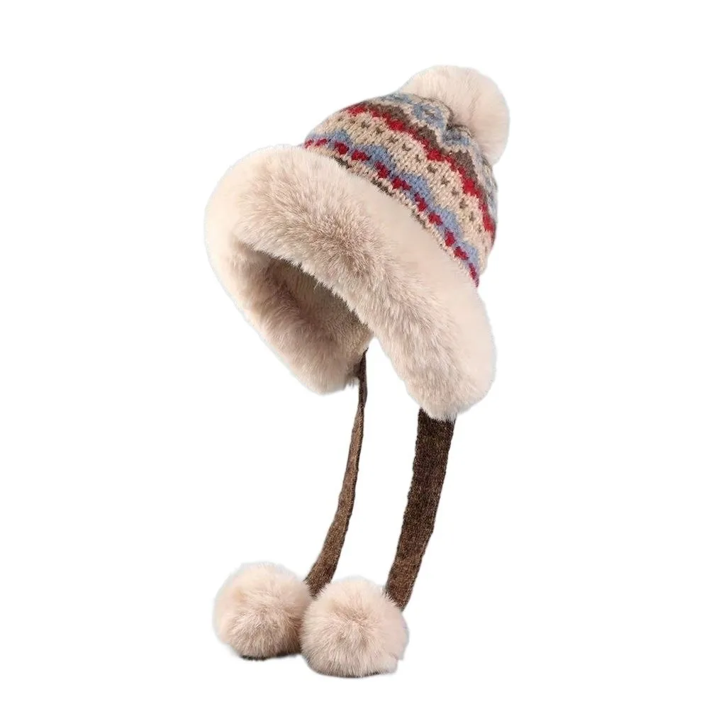 

Fashion Thick Knitted Plush Hat Warm Ball Ear Protection Hat Windproof Ethnic Style Pullover Beanie Hat Cycling