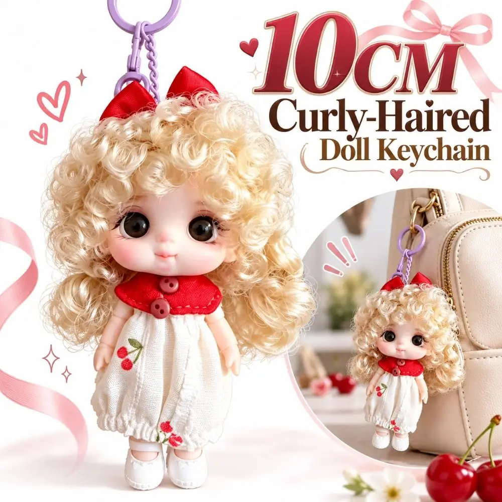 10CM Curly-Haired Doll Keychain Wearable Outfit Long Hair Mini Doll Pendant Movable Joints Versatile Bag Charm Doll