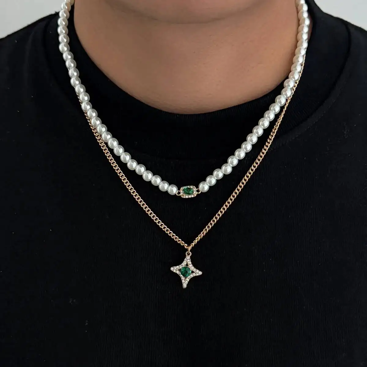 KunJoe 2Pcs/Set Retro Imitation Pearl Choker Necklace for Men Hip Hop Green Rhinestone Star Pendant Necklace Fashion Jewelry New