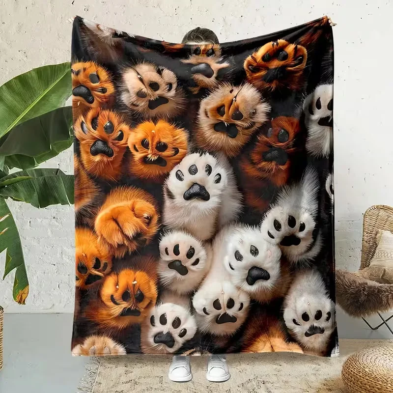 Realistic Cat Paw Print Blanket Orange White Furry Kitten Paws Pattern Soft Cozy Warm Blanket Sofa Bed Home Blanket
