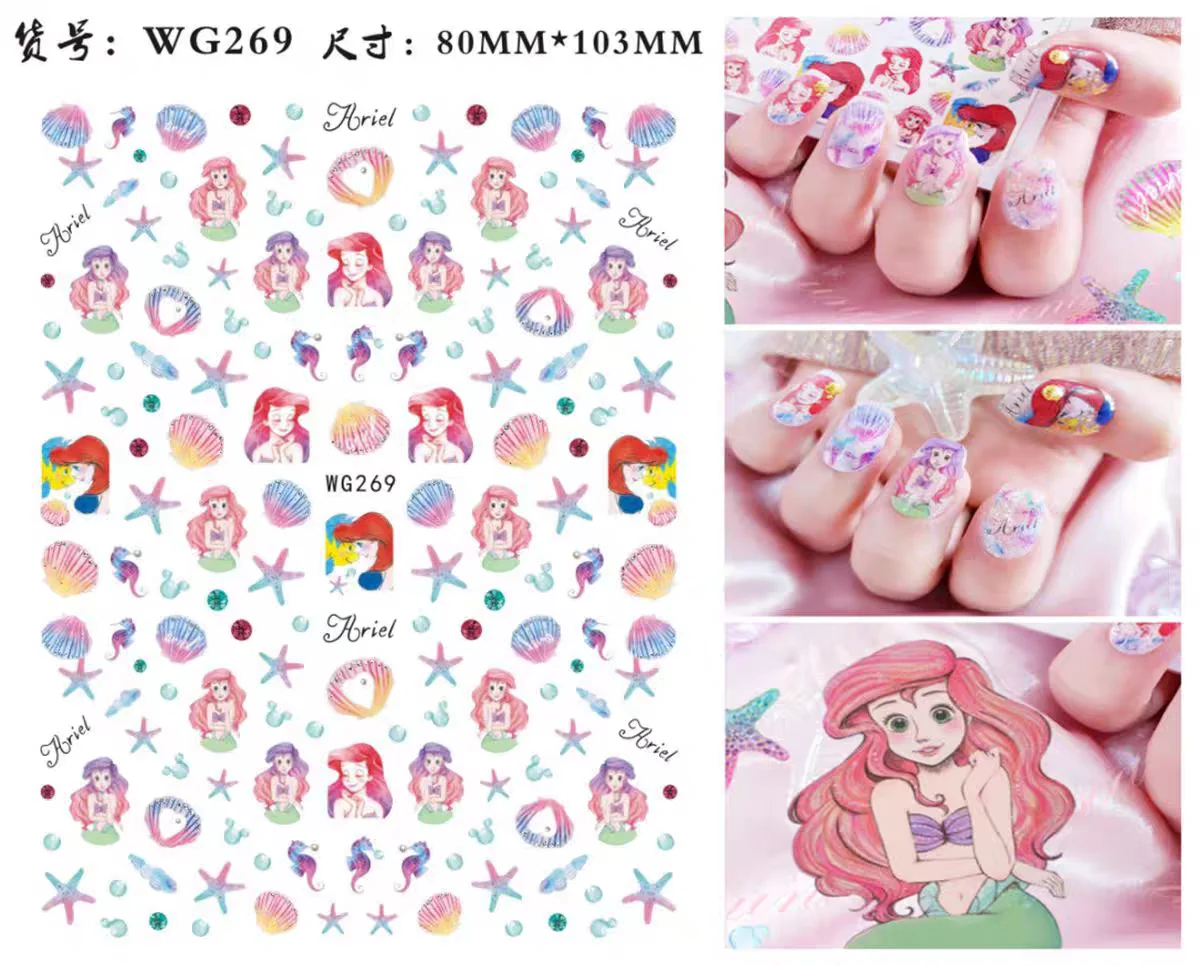 1 sheet Nail Art Disney Princess Sticker Jasmine Snow Hair Hair Mermaid Princess Barbie Angel Beauty Nail sticker