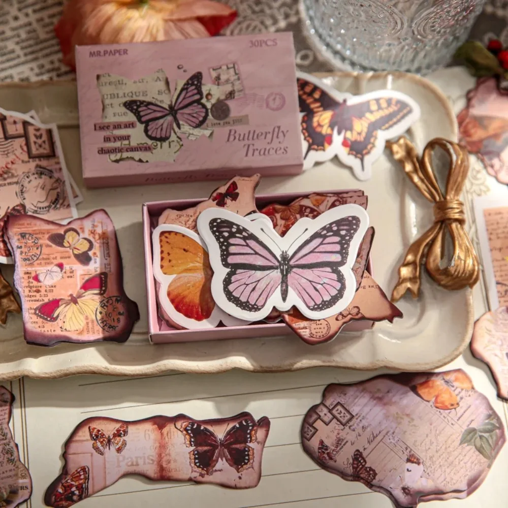 Mr. Paper 6 Style 30 Pcs/pack Vintage Copper Boxed Butterfly Stickers Journal Decoration DIY Stationery Sticker