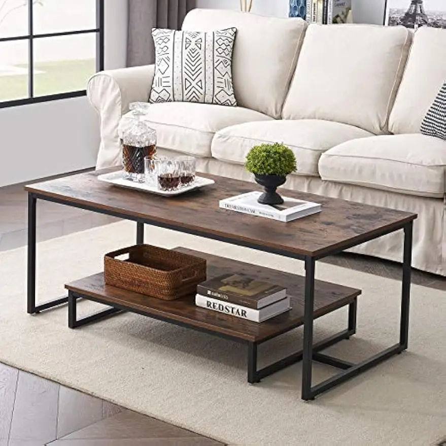 Industrial Coffee Table for Living Room, Rustic Cocktail Table with Storage Shelf, Wood Look Furniture with Metal Frame, 47 inch