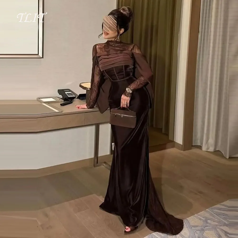 فستان سهرة أنيق من الشيفون الساتان البني الداكن من TLIT برقبة دائرية فساتين حفلات بأكمام طويلة من الدانتيل مخصص فيستدوس دي فييستا