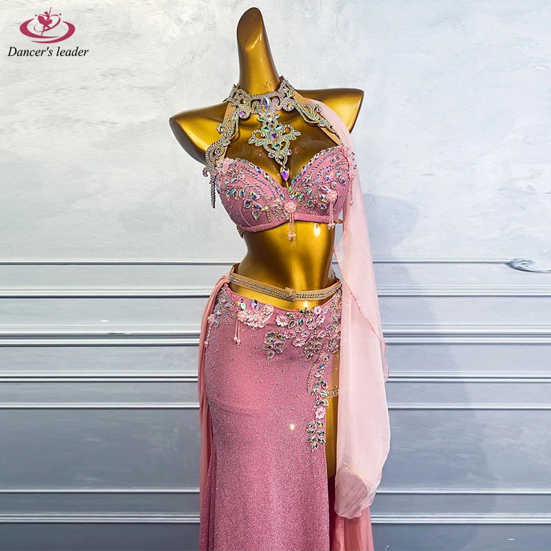 Belly Dance Competition Women's High Dinning Pink Bra Cloak Long Dress Cha Cha Samba Performance Diamond Dress