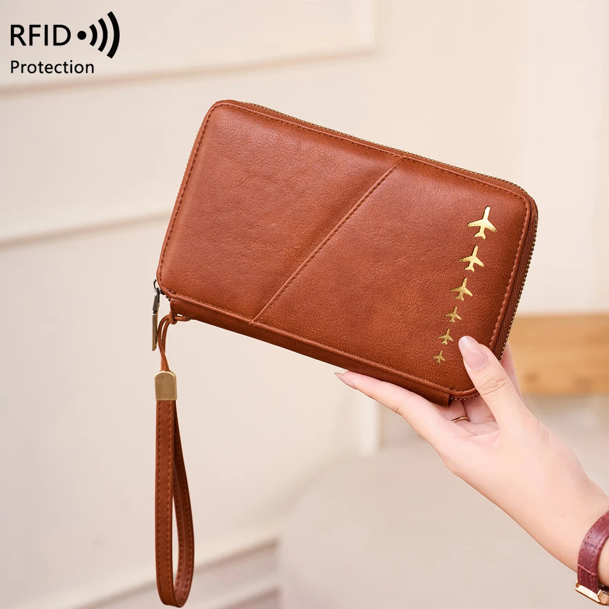 Trendy Airplane Design RFID Blocking Passport Wallet Long Zipper Travel Document Case Fashion Passport Holder 2026 New Arrival view 2