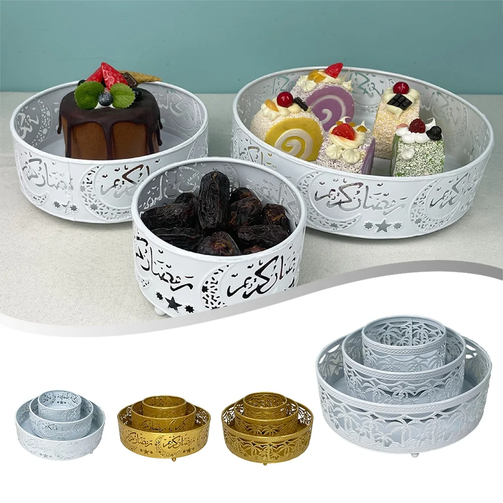 

3pcs Eid Ramadan Mubarak Trays Dessert Serving Tray Islamic Metal Candy Holder Ramadan Home Decoration For Dessert Snack Pastry