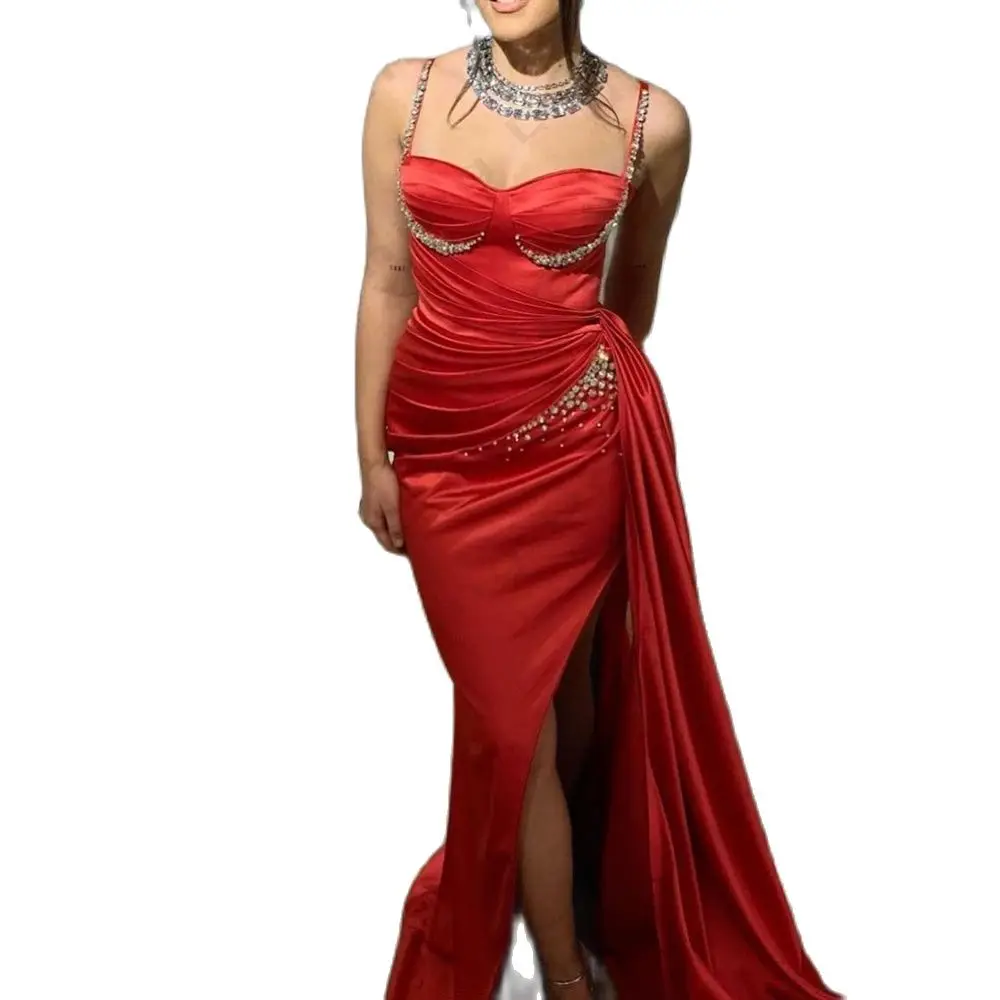 Gorgeous Satin Evening Dresses Sparkling Beading Sexy Off The Shoulder Sleeveless High Slit Simple Mopping Prom Gowns For Women