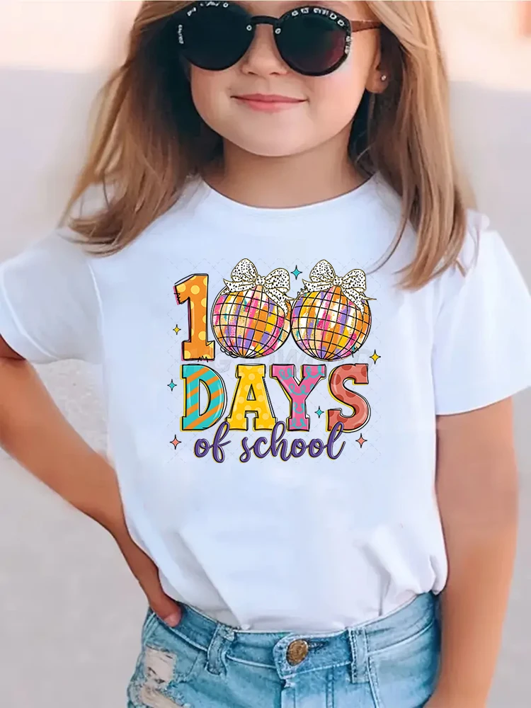 Glitter 100 Days Shirt Design Children Clothes Girl Disco Ball 100 Days of School Fashion T-shirt Retro School Bows Tee Clothes