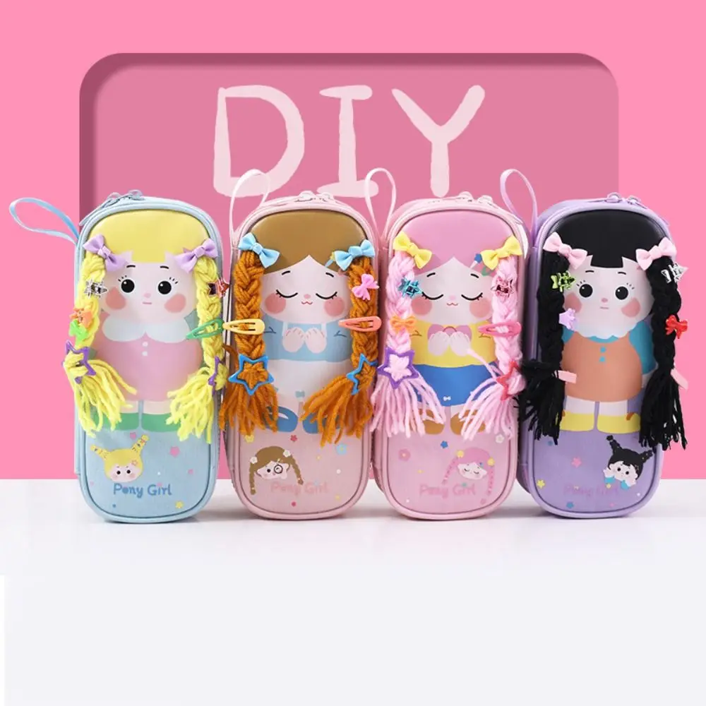 

Cute Braid Girl DIY Pen Bag Portable Waterproof Stationery Organizer Oxford Cloth Handle Pen Storage Bag Girl Gifts