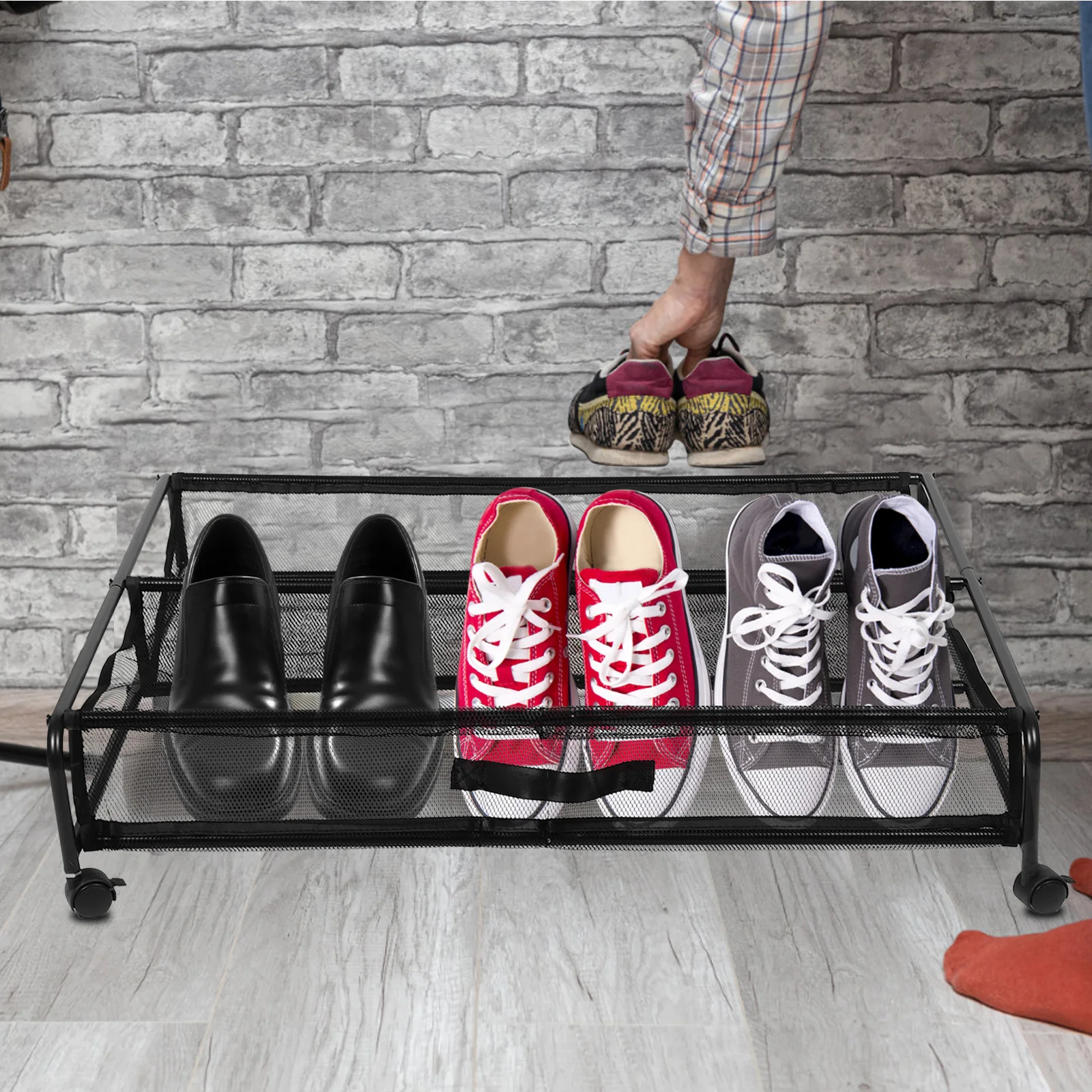 

Under Bed Storage Box Bed Bottom Shoe Rack Roller Multifunctional Iron Mesh Wheels Clothes ganizer SpaceSaving Storage