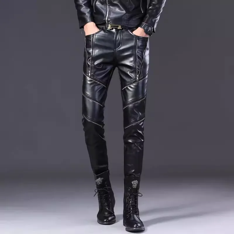 2024 Men Black Leather Pants Gothic Trousers Motorcycle Fashion Windproof Patchwork Luxury Fashion Korean Stage Singer Costume