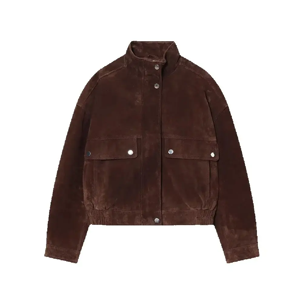 خريف جديد ميلارد بني أمريكي بياقة واقفة سترة قصيرة وصغيرة من جلد الغزال #1