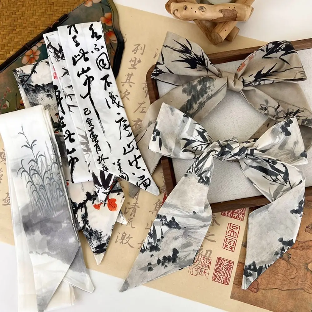 Elegant Long Ink Painting Silk Scarf Ribbon Minimalist Style Ancient Hair Band Headband Ancient Style Long Silk Scarf Girl