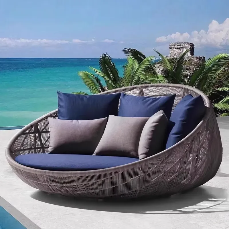 Modern Outdoor Rattan Round Bed Set Large Sun Room Sofa for Hotel Homestay Lazy Courtyard Balcony Leisure Chair