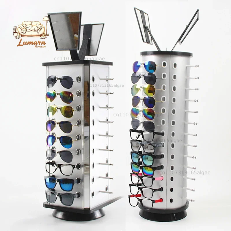 360°Rotating Eyeglass Display Stand Sunglass RackFreestanding Eyewear Holder with MirrorRotating Display Tower Organizer