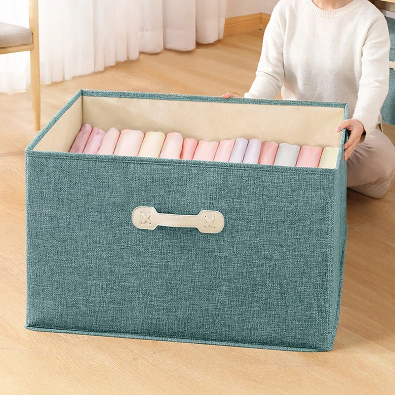 Cotton Linen Folding Storage Box with Lid Closet Drawer Clothes Books Toys Sundries Quilts Organizer Laundry Basket for Wardrobe