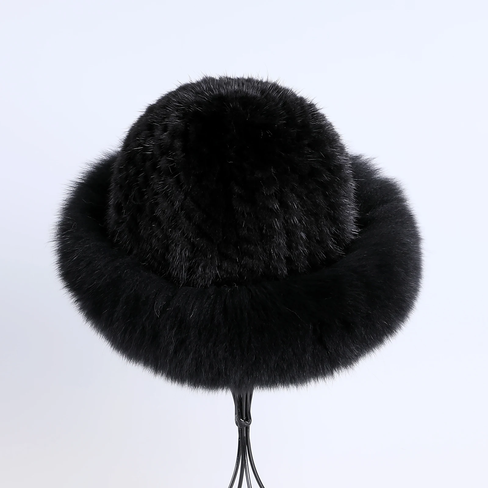 Frauen Winter warm echte Premuim Nerz Fell gestrickt Eimer Hut pelzigen Echtpelz Kappen Big Fox Pelz besatz Krempe verstellbar – Detail 12