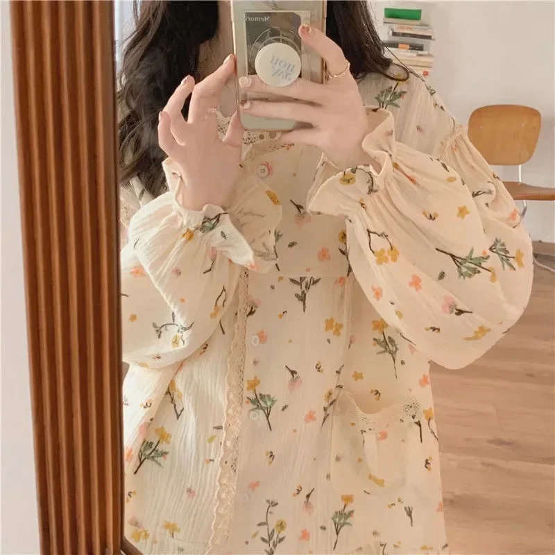 New Women's Spring and Autumn Tulle Floral Print Pajamas Girls Apricot Lace Cardigan Loungewear Set Pajamas 2pcs