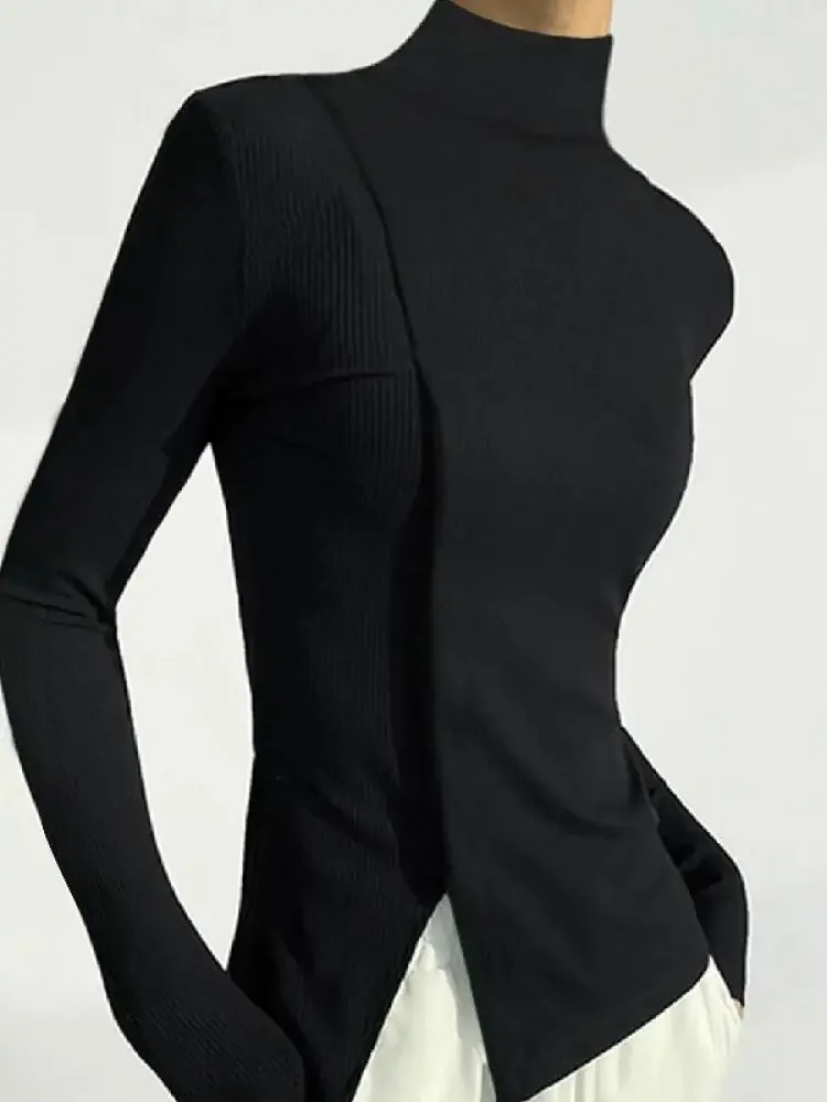 

Women's Minimalist Black T-shirt Top Stretchy Knit Turtleneck Long Sleeve Ribbed Panel Side Split Hem Office Casual Pullover Top