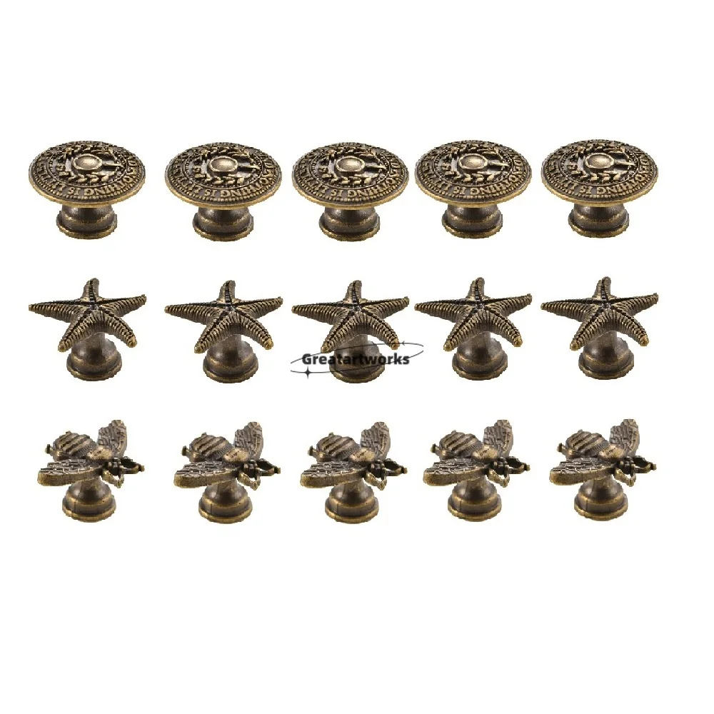 5pcs Metal Knob w/screw Starfish Bee Round Single Hole Handle Antique Bronze Pull Vintage Decor Cabinet Drawer Dresser Wood Box