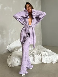 Marthaqiqi Printing Women Sleepwear 2 Piece Suit Sexy V-Neck Pajama Long Sleeve Nightie Lace Up Pyjama Pants Femme Nightwear Set