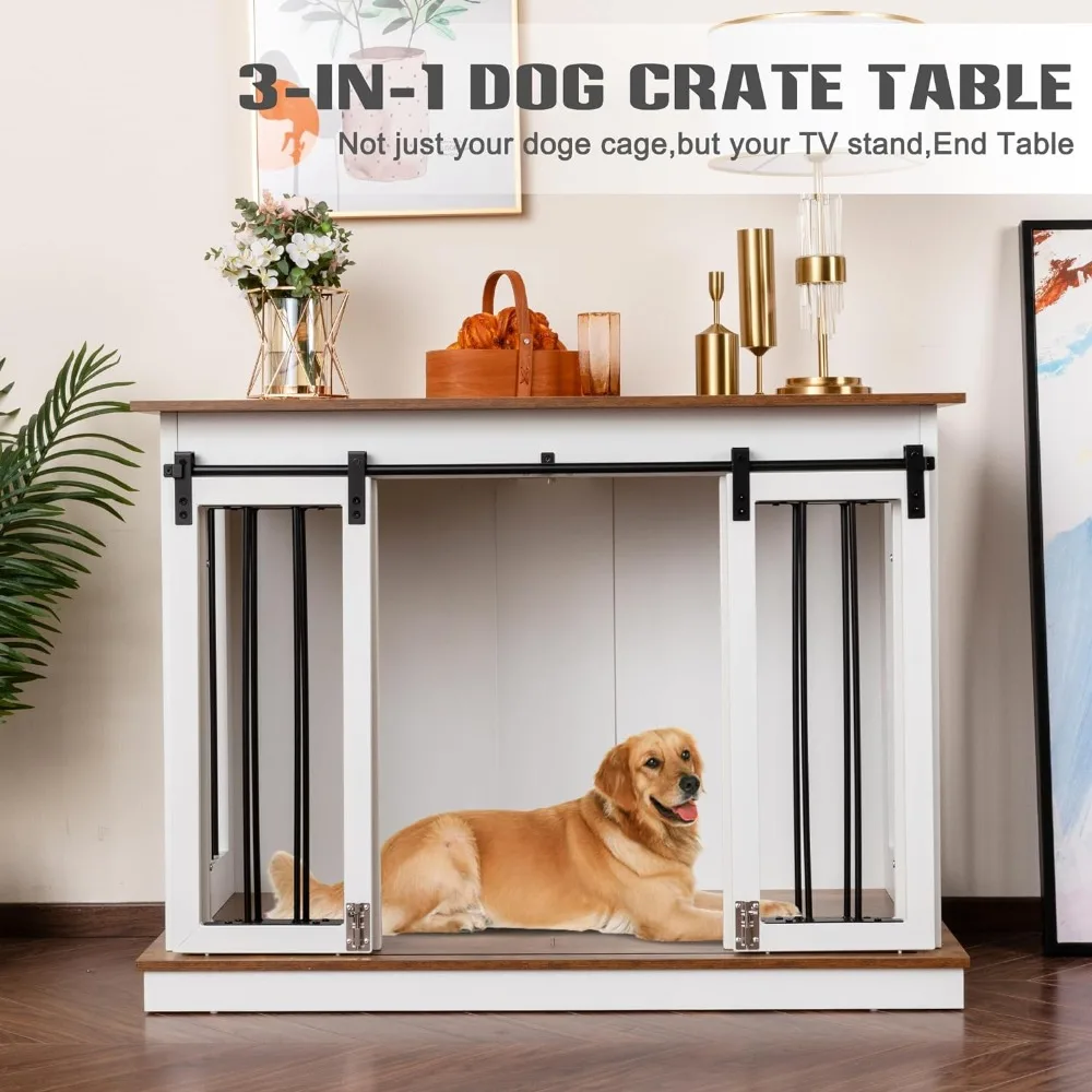 Dog Crate Furniture with Divider Wooden Dog Kennel End Table Large Breed Dog House Indoor for One Large or Two Small Dogs