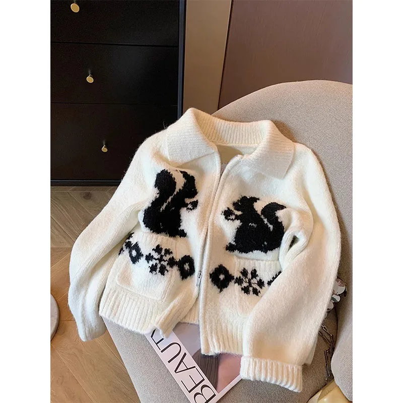 

Women Vintage Y2k Animal Print Knitting Long Sleeve Cardigans 2024 Autumn Casual Single Breasted Korean Turn Down Collar Sweater