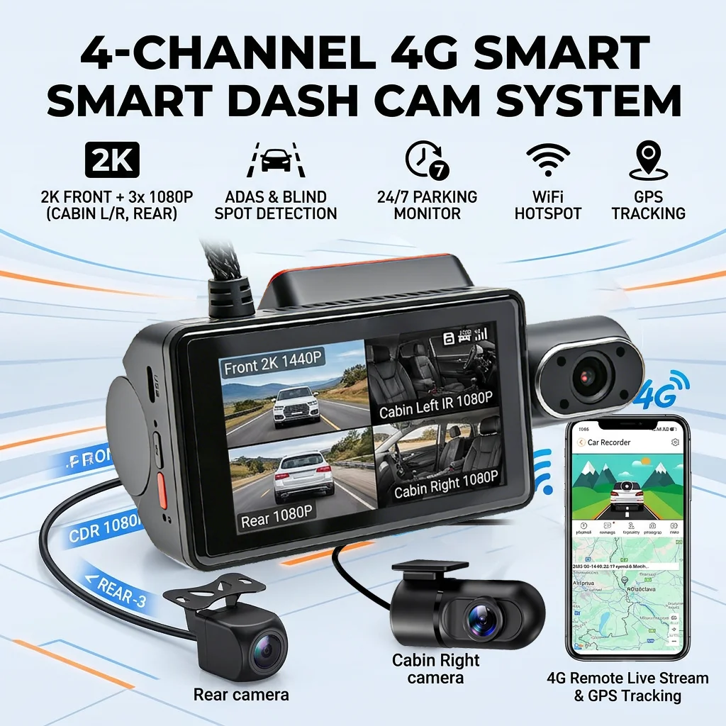 4-Chs 360° Car DVR Video Recorder WiFi 4G Dashcam Front Left Right Rearview Camera ADAS BSD Remote Live View 24H Parking Monitor