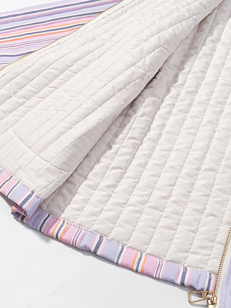 Colorful Striped Cotton Jacket Women Lapel Collar Full Sleeve Zipper Patch Pockets Coat 2025 Autumn Female Casual Streetwear