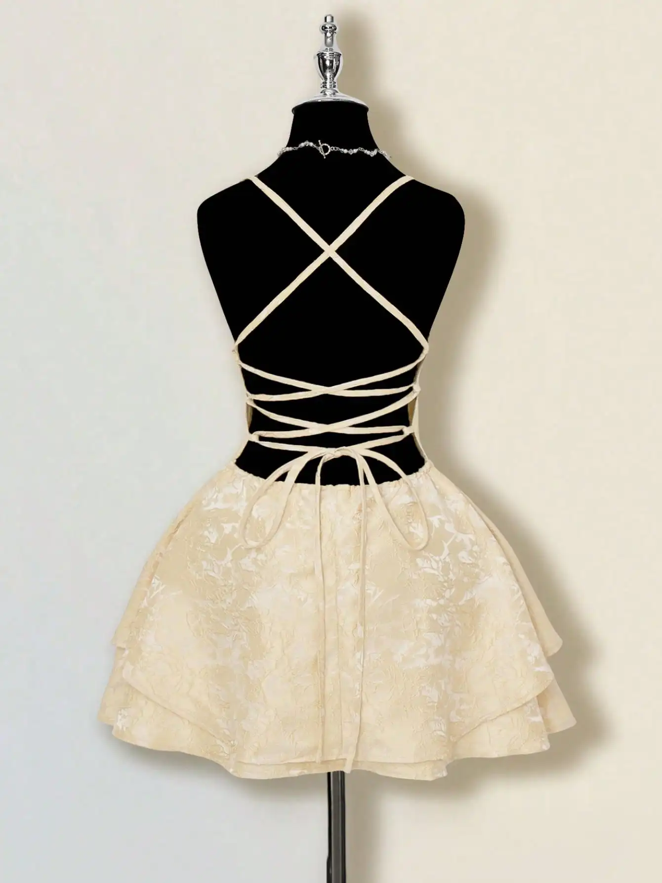 Plunging Neck Jacquard Mini Dress, Backless Tie-Up Elegant Party Club Dress for Women