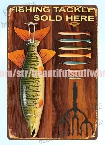 Fishing Tackle baits lure reel rod fisherman sportsman metal tin sign kitchen