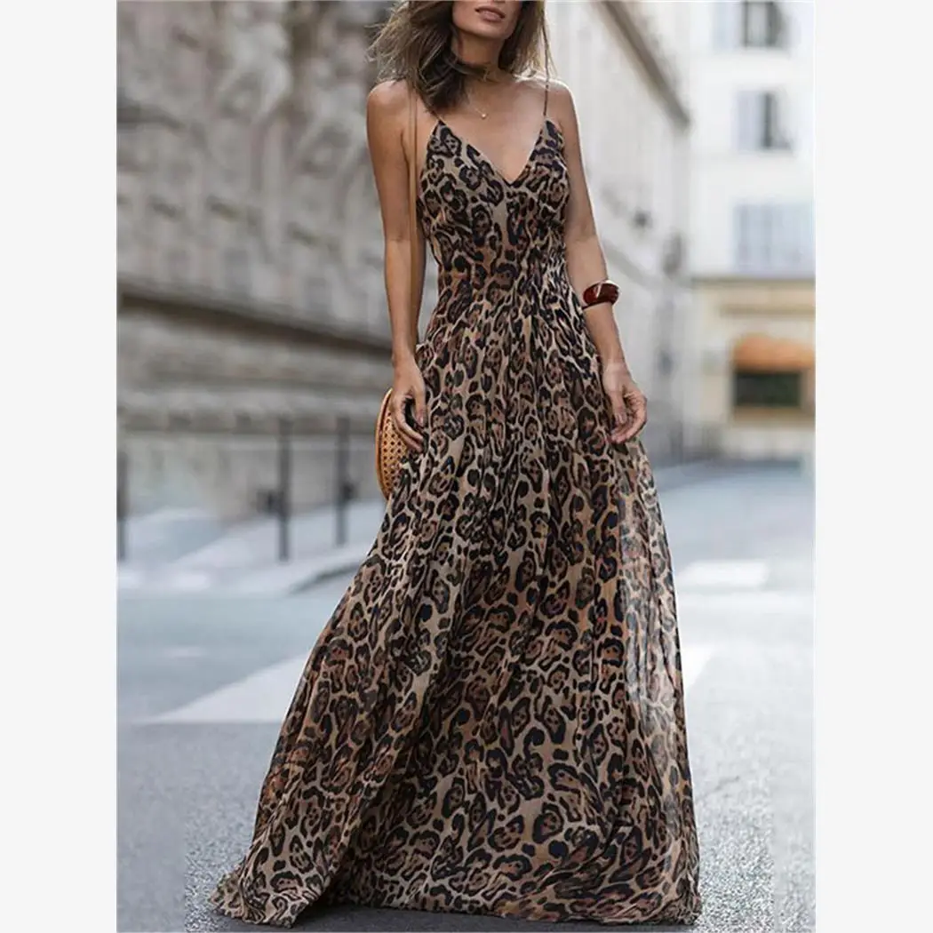 فستان أنيق بطبعة الفهد برقبة على شكل V وبدون حمالات، تنورة طويلة مثيرة، فستان ميدي عصري بأسلوب الشارع، مصنوع من القطن والشيفون