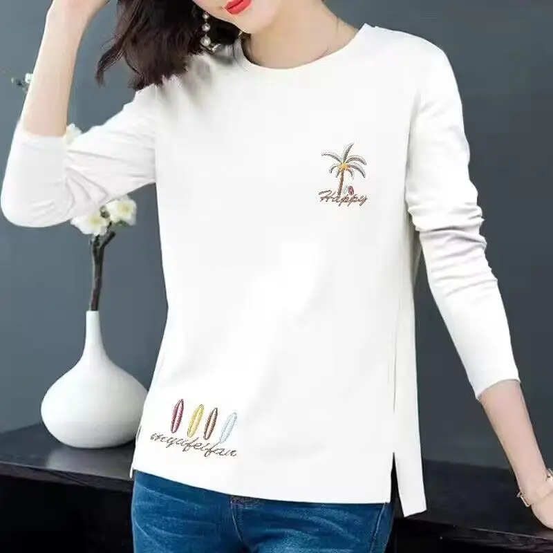 Women Korean Fashion Print Simple All Match T-shirt Spring Autumn Casual O Neck Irregular Tees Long Sleeve Loose Tops Ropa Mujer