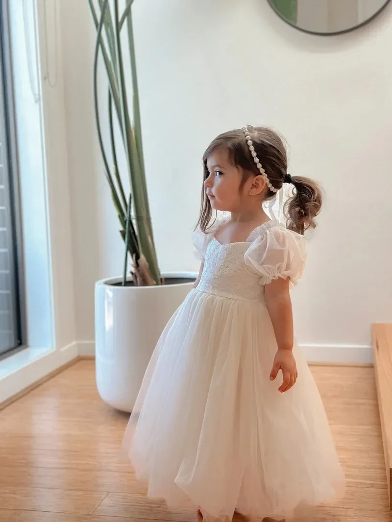 Custom light luxury dress women wedding guest gown girls wedding gown birthday party pageant puff sleeve lace tulle gown