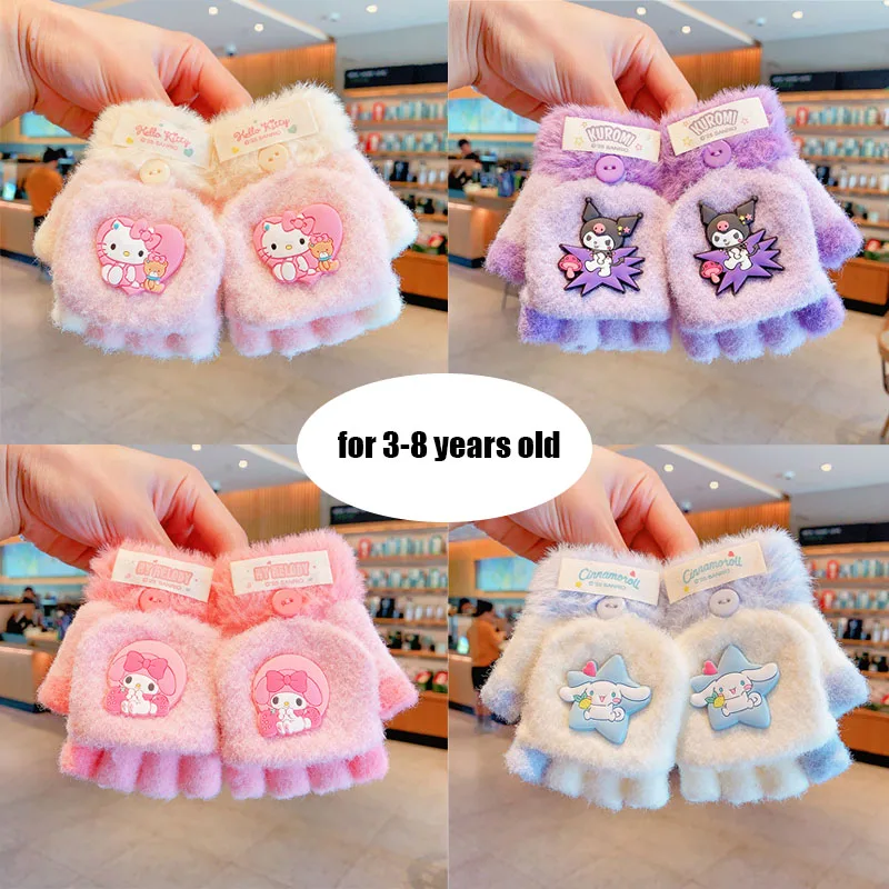 

3-8years for Hellokitty Flip-up Gloves Child Kuromi Toddler Knitted Gloves Outdoor Keep Warm Flip-up Gloves Girl Christmas Gift