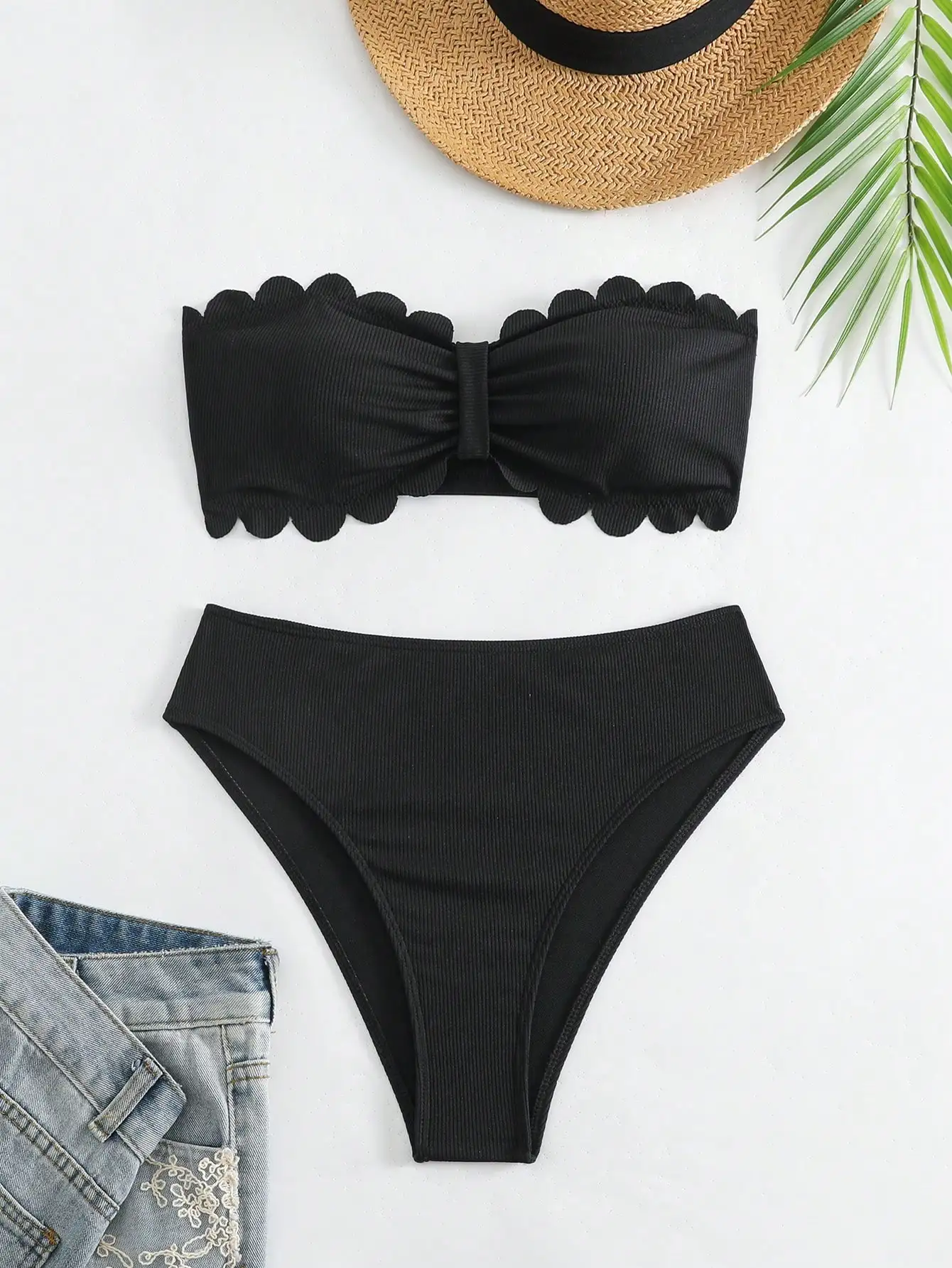 

Women's Plain Bikini Set, Chic Ruched Scallop Trim Swim Bandeau Bra & High Waist Swim Panty, Ladies Swimwear for Beach Holiday V