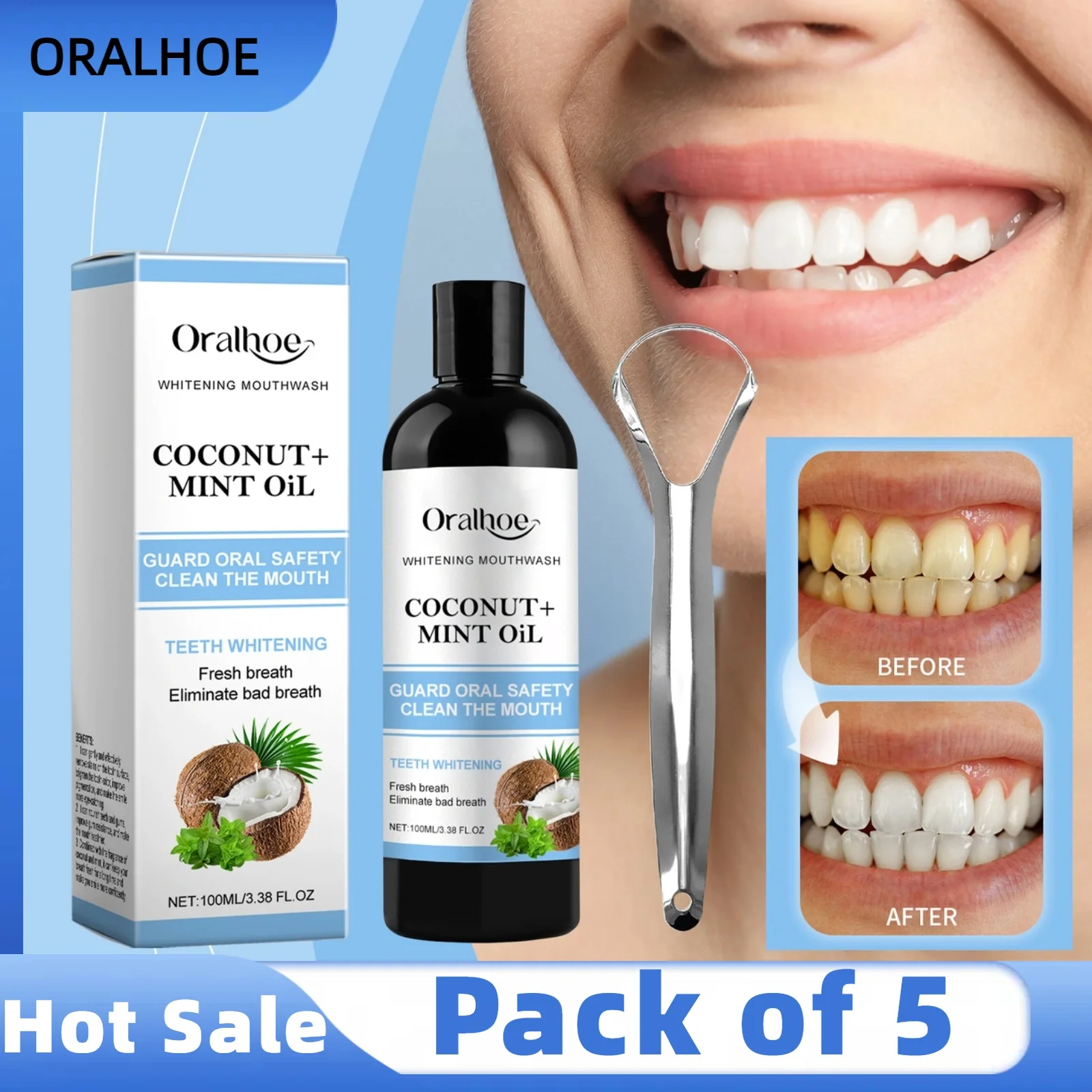 5pcs Coconut Mint Oil Mouthwash Alcohol-Free Teeth Whitening Fresh Breath Tongue Scraper Set Whitening Tools Oral Care