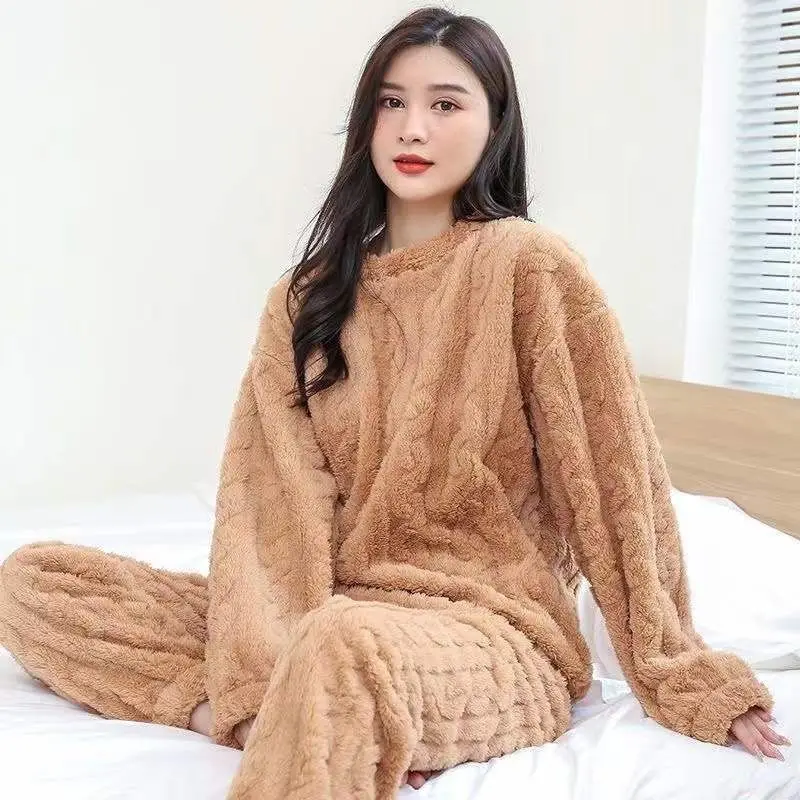 Autumn Winter Warm Pajamas 2 Piece Set Thicken Velvet Elasticated Women Casual Nightwear Lounge Suit Women\'s Pajamas Home Wear