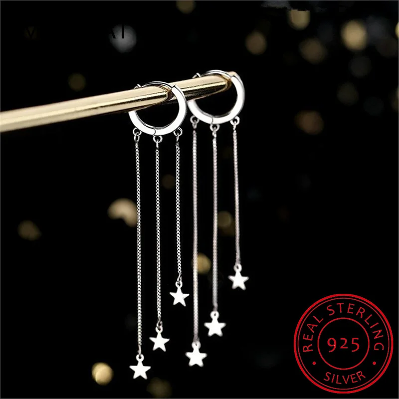 

Серьги-кольца из стерлингового серебра 925 пробы с 3-слойными сверкающими звездами и длинными подвесками для женщин, ювелирные украшения для свадьбы и вечеринки, подарок для женщин, Pendientes