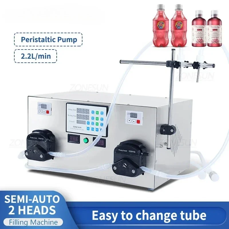 

ZONESUN ZS-YTPP2 Peristaltic Pump Liquid Filling Machine Double Heads Bottle Water Juice Beverage Essential Oil liquid Filler