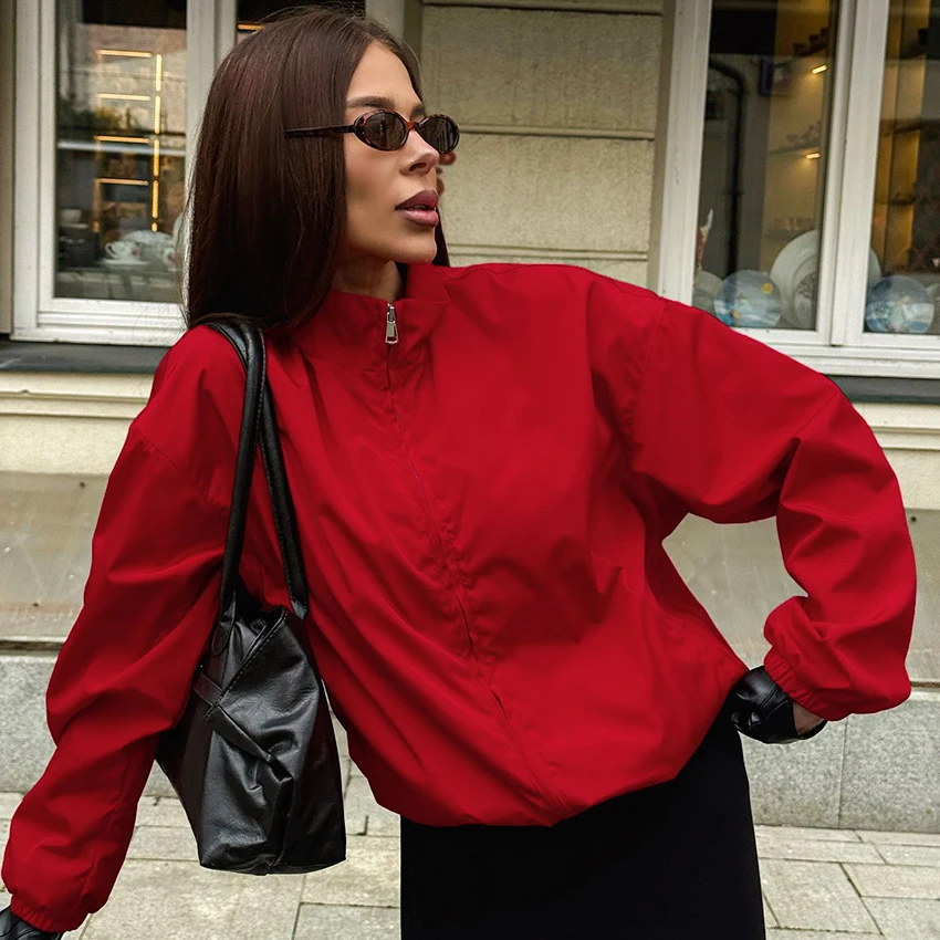 

Linad Street Chic красный Тренчи с воротником-стойкой, осенние модные куртки на молнии, женские элегантные пальто с длинными рукавами для женщин, 2025 г.