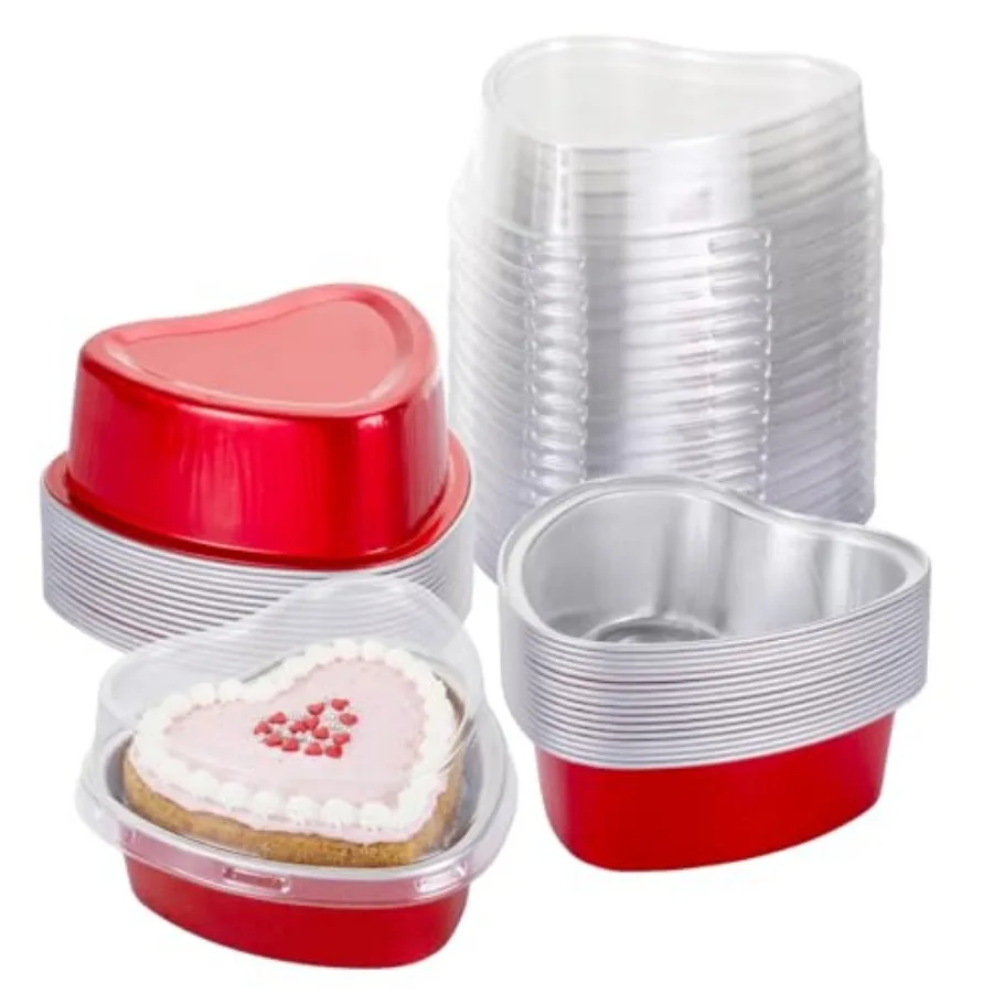 30 Set Heart Shaped Cake Pans with Lids - 3.4oz/100ml Mini Disposable Aluminum Foil Cupcake Containers for Baking - Valentine's