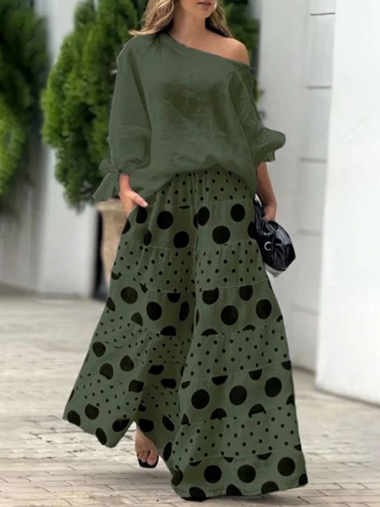 

Fashion Women's Pants Sets Two-piece Polka Dot Set Elegant One-Shoulder T-shirt Elasticity Pockets Long Pants Casual Outfit