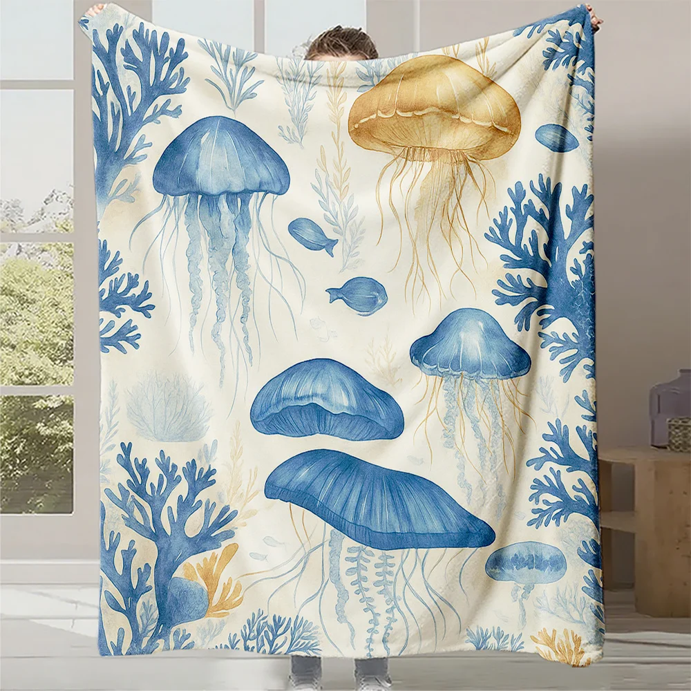 1pc Blue & Jellyfish Coral Reef Plush Fleece Blanket - Soft Quilted Marine Bedspread with Sea Turtle-like Fish & Nemo-Inspired P