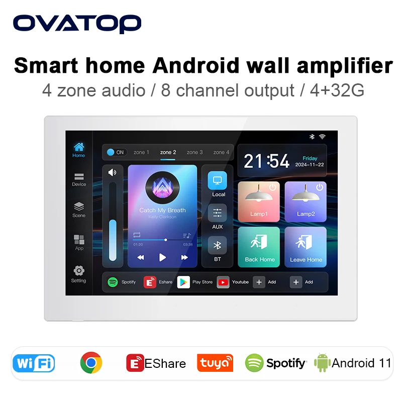 Smart home 4 zone audio in wall amplifier WIFI TUYA control panel bluetooths sound music player Android 11 system touch screen